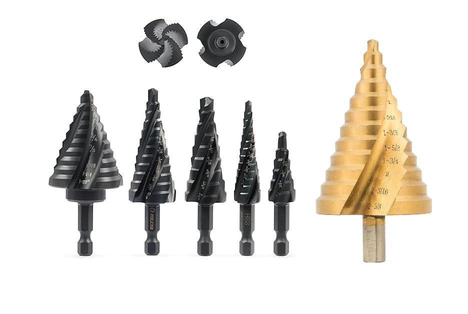 ZELCAN 5PCS Step Drill Bit Set Bundle with Large HSS Spiral Groove Step Drill Bit
