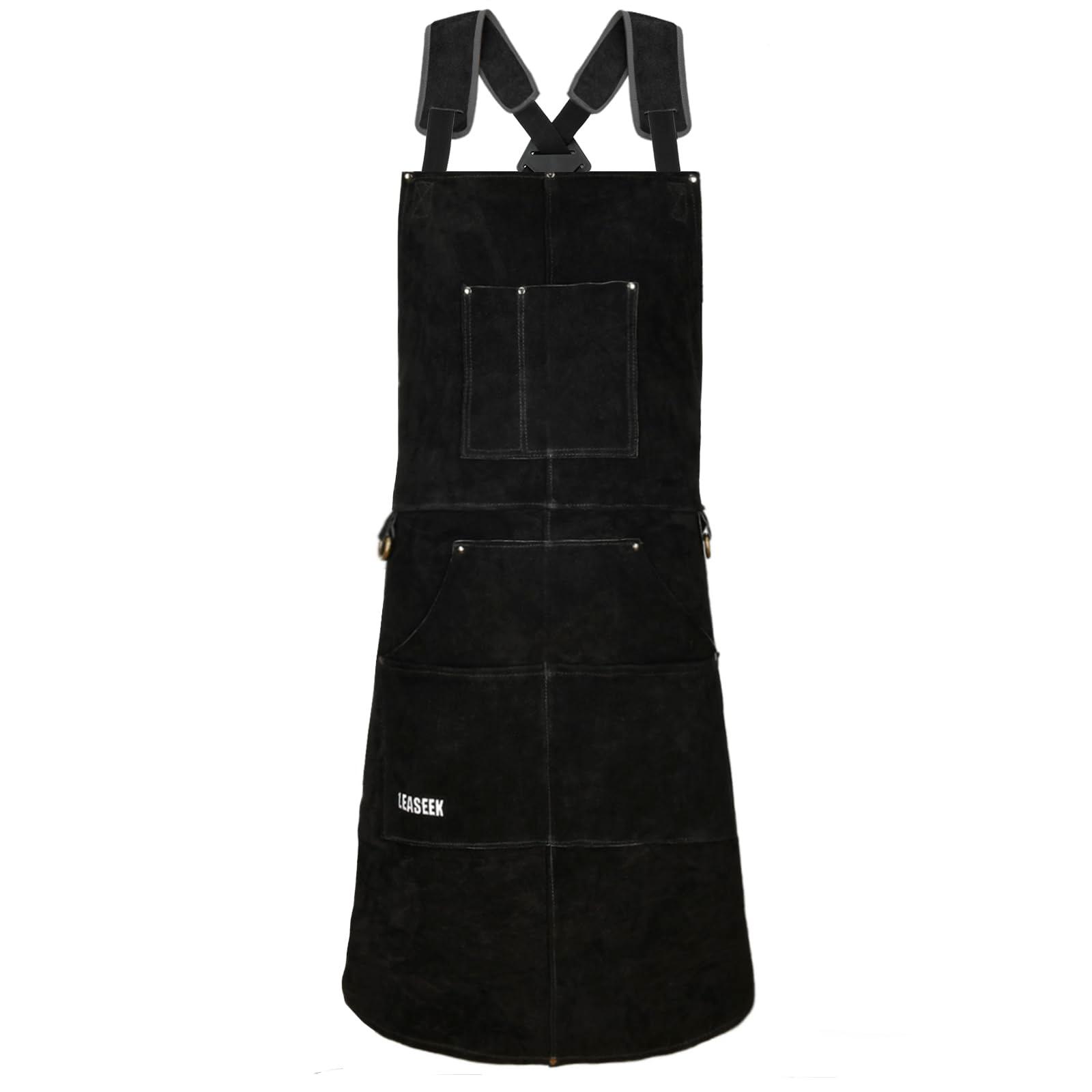 LeaSeek Leather Welding Apron,Heat and Flame-Resistant Heavy Duty Work Apron with 6