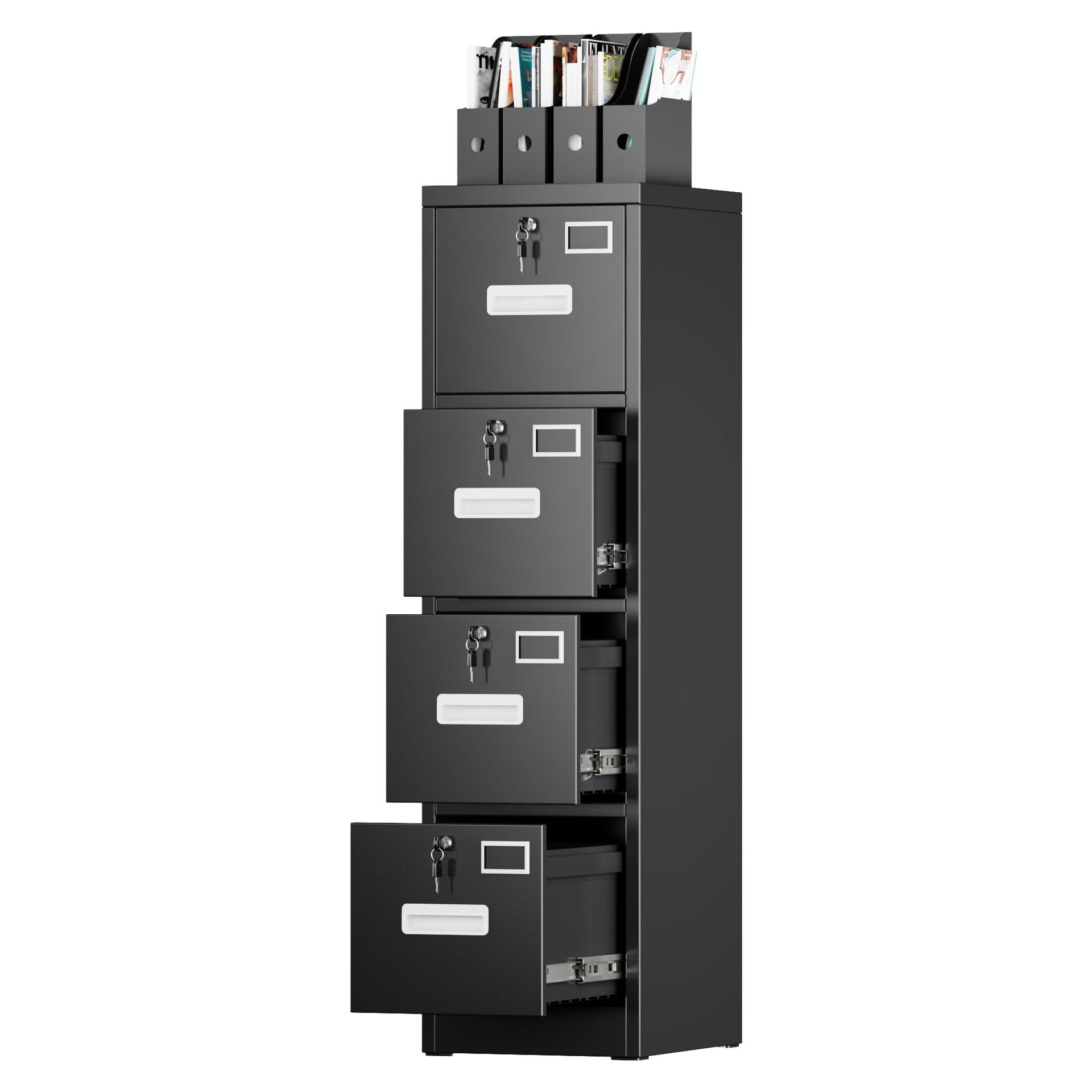 SUXXAN 4 Drawer File Cabinet, Metal Vertical Black Filing Cabinets with Locks Name Card Holder