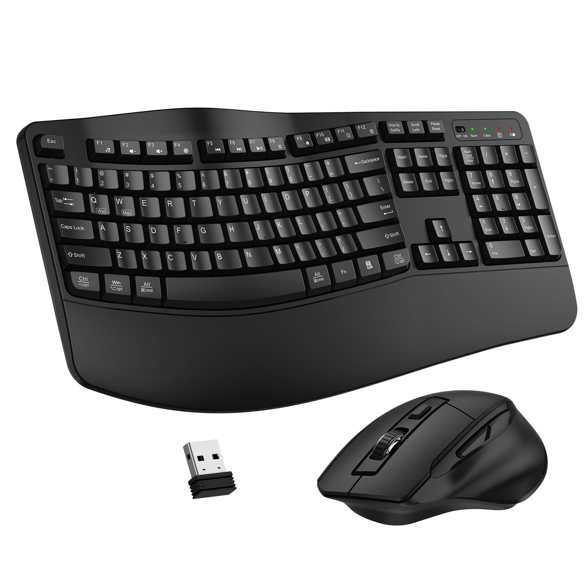 Wireless Keyboard and Mouse Combo, 2.4G Full Size Wave Keys Ergonomic Keyboard with Wrist Rest