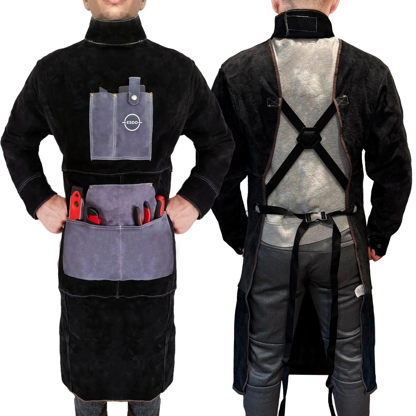 ESDO Leather Welding Apron with Sleeves - Heat and Spark Resistant, Full Body Coverage