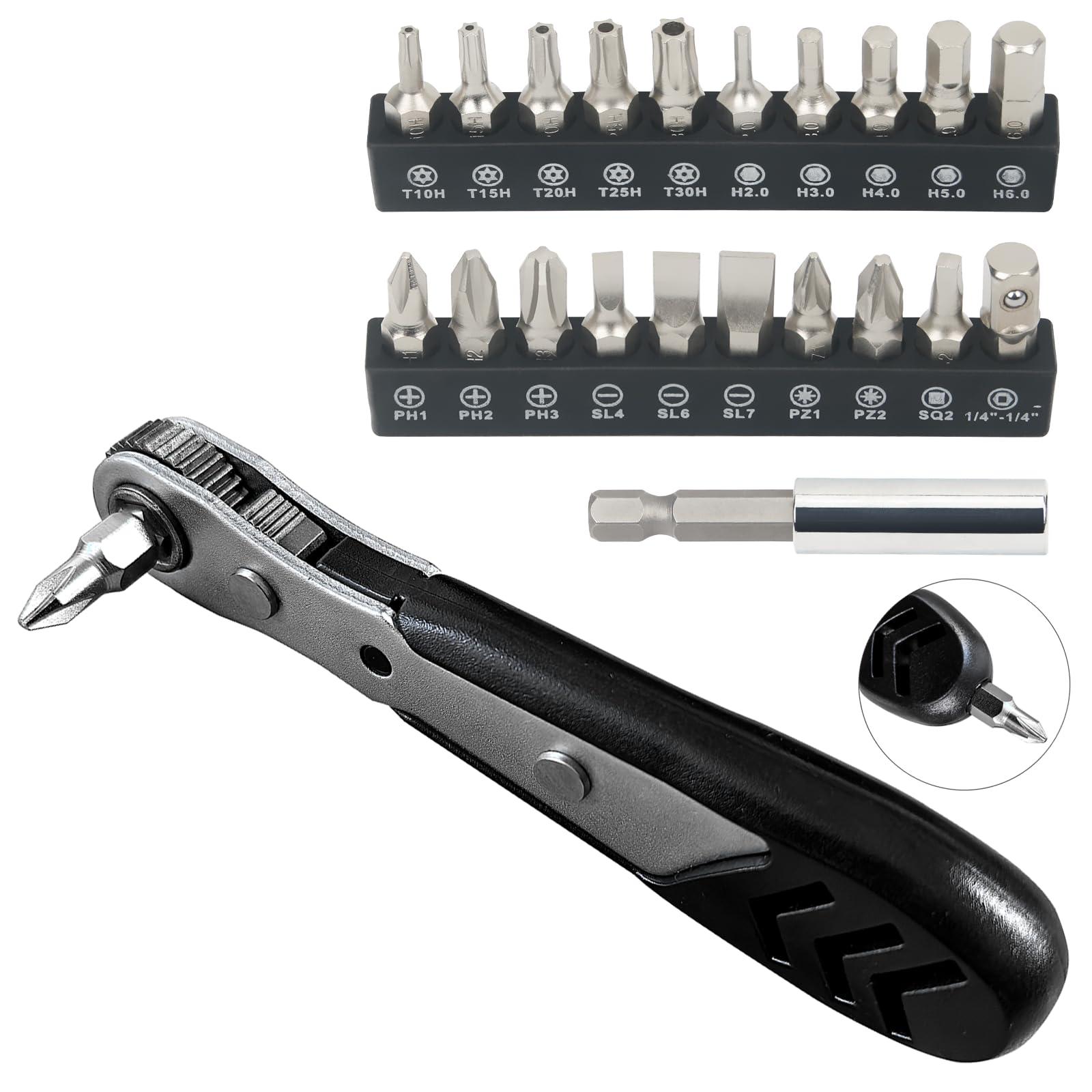 STREBITO Mini Ratchet Set, 22-Piece 1/4 Ratchet Right Angle Screwdriver, 36-Tooth Small