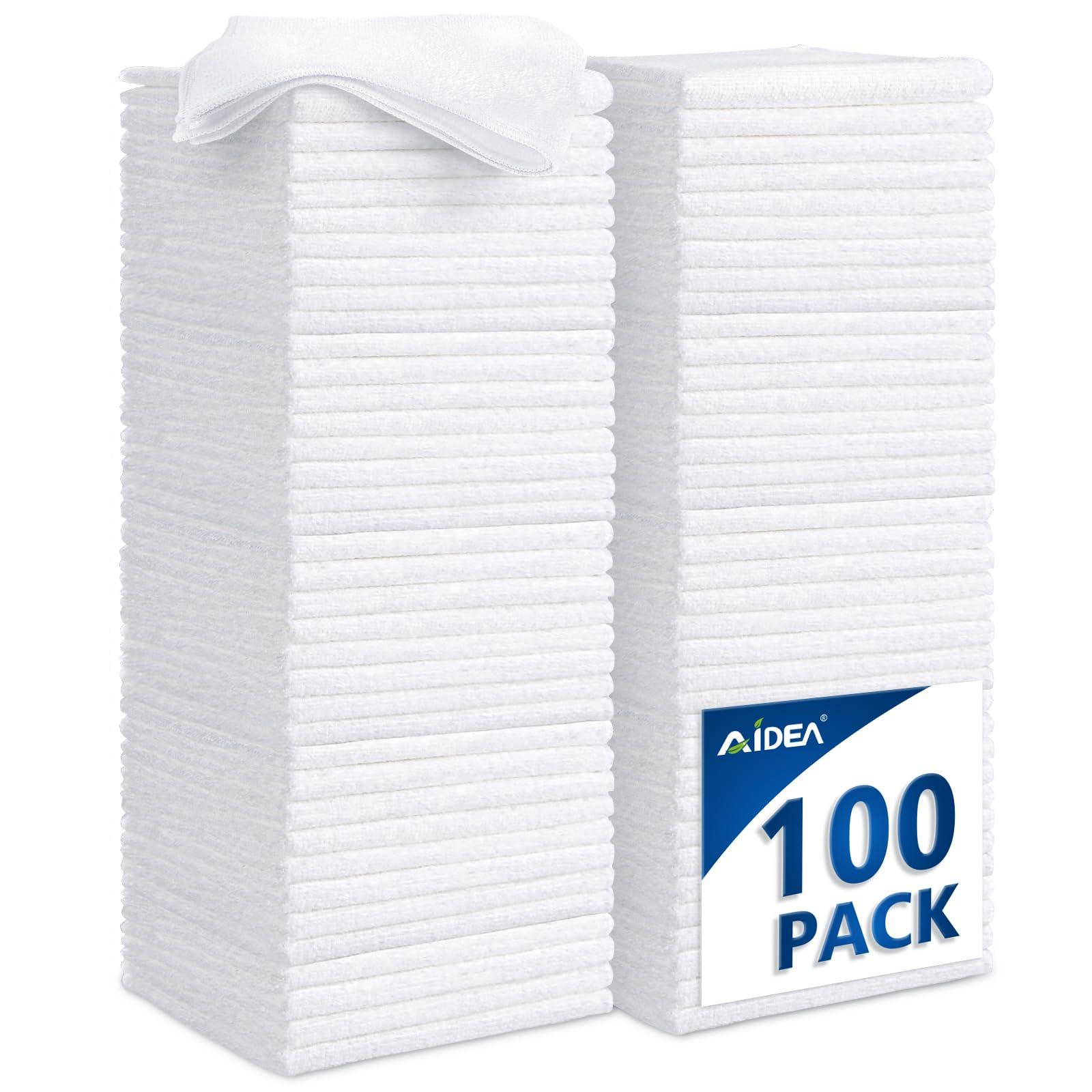 AIDEA Microfiber Cleaning Cloth White-100PK, Absorbent Cleaning Rags, Commercial Shop Rags