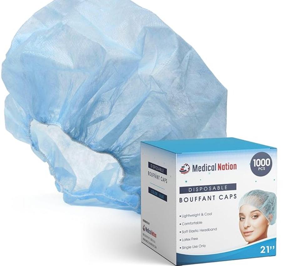 21" DISPOSABLE BOUFFANT CAPS HAIR NET, BLUE,  PP, DISPOSABLE, PACK OF 1000, ASIN : B092G559CS, NON-WOVEN