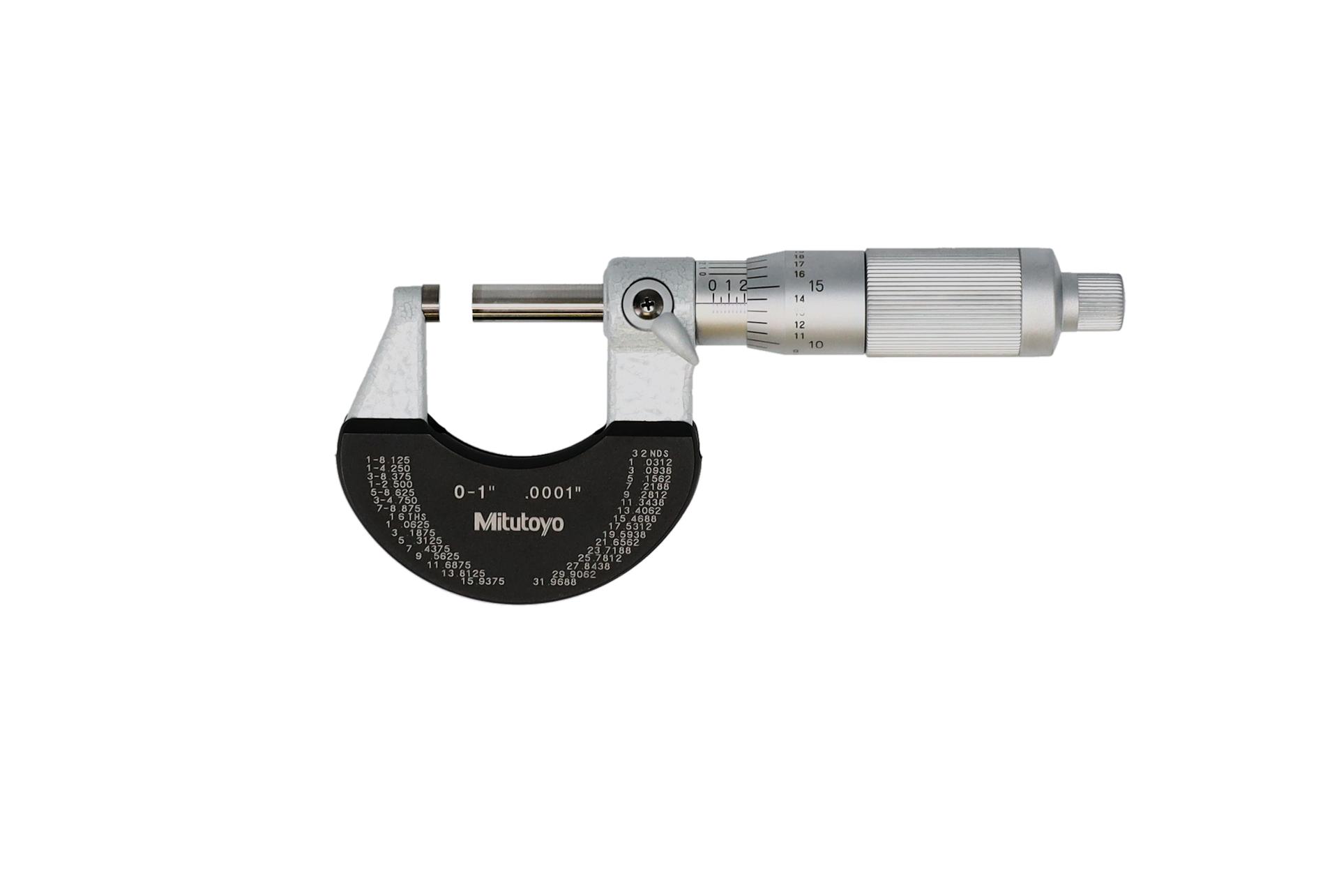 Mitutoyo, 102-329-10, Outside micrometer, 0-1 In,  .0001 In Mechanical Outside Micrometer, Satin Chrome, Friction Thimble