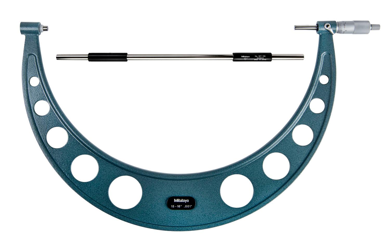 Mitutoyo, 103-192, 15-16 In,  .001 In Mechanical Outside Micrometer, Hammertone Baked Enamel, Ratchet Stop, With Standard