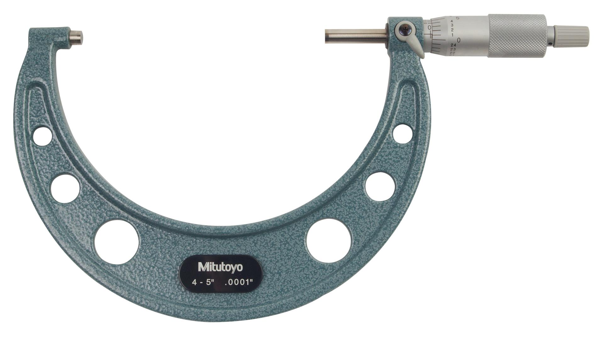 Mitutoyo, 103-219, 4-5 In,  .0001 In Mechanical Outside Micrometer, Hammertone Baked Enamel, Ratchet Stop, With Standard