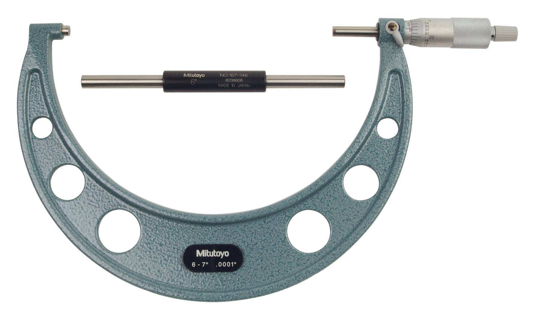 Mitutoyo, 103-221, 6-7 In,  .0001 In Mechanical Outside Micrometer, Hammertone Baked Enamel, Ratchet Stop, With Standard