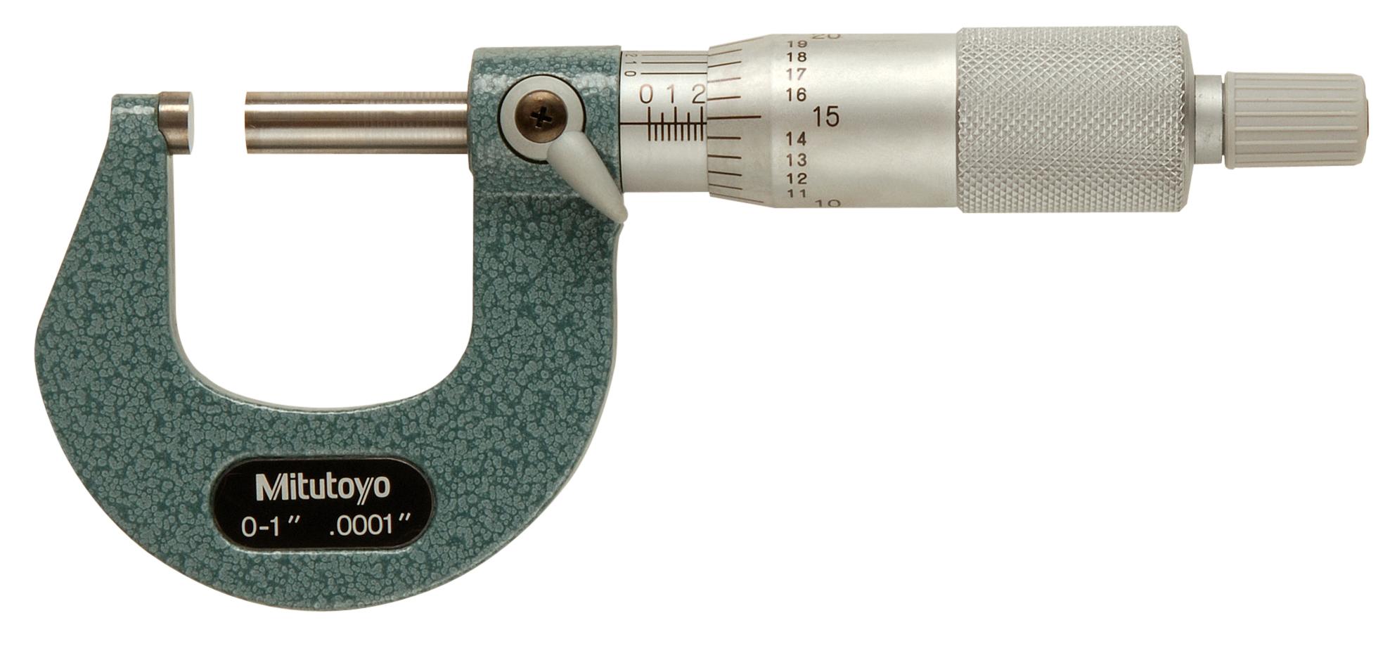 Mitutoyo, 103-260, 0-1 In,  .0001 In Mechanical Outside Micrometer, Hammertone Baked Enamel, Ratchet Stop, Angle Frame