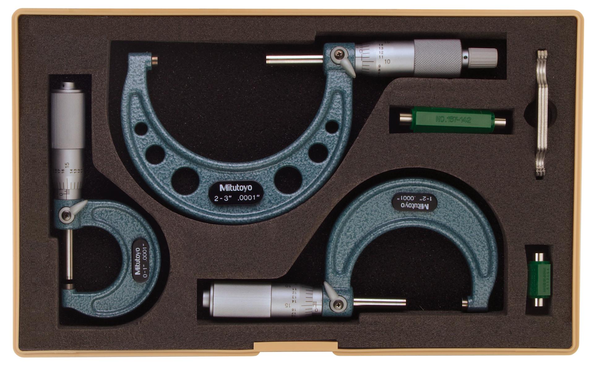 Mitutoyo, 103-922, 0-3 In,  .0001 In Mechanical Outside Micrometer Set, Hammertone Baked Enamel, 3 gages, with 2 standards