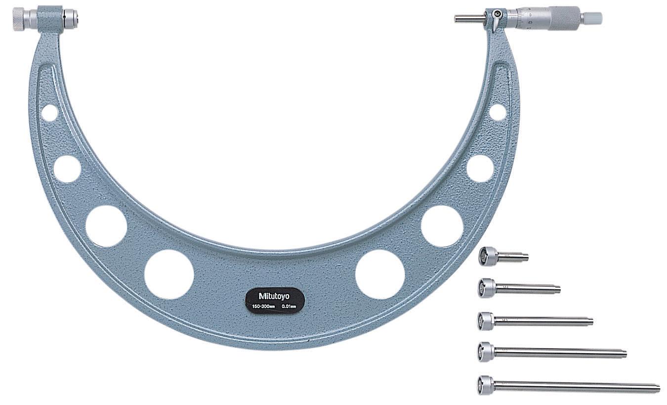 Mitutoyo, 104-136, 150-300mm, 0.01mm Interchangeable Anvil Mechanical Outside Micrometer, Ratchet Stop, 6 anvils, with 5 Standards