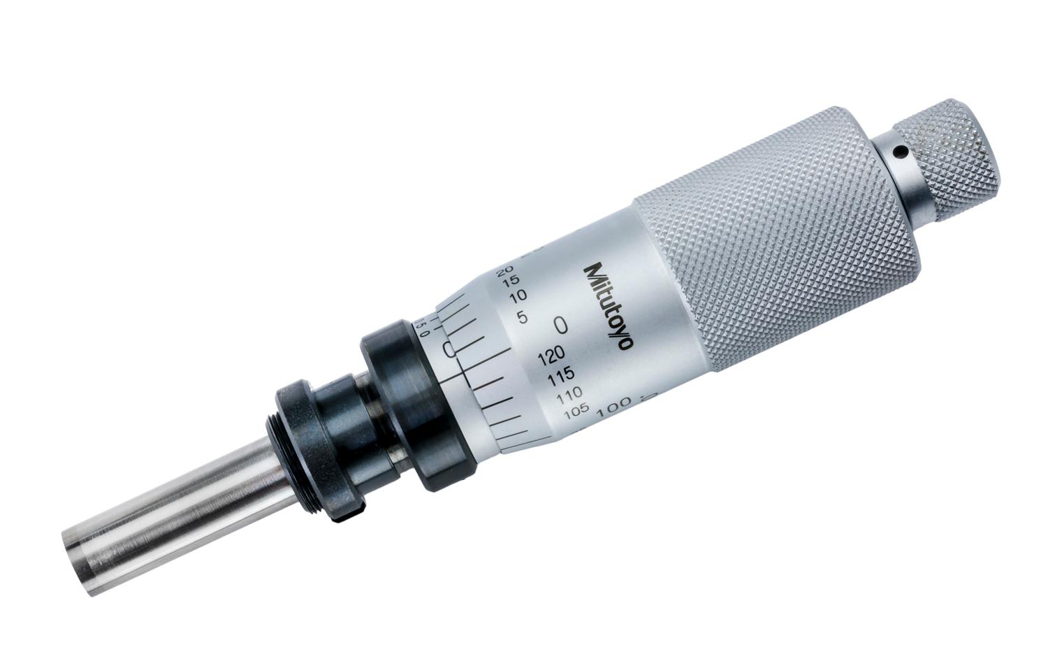 Mitutoyo, 110-112, 0-.05 In, .000005 In, Mechanical Micrometer Head, Differential Screw Translator (Extra-Fine Feeding) Type, .5 In Diameter Stem with Clamp Nut, Spherical (SR8) Spindle Face