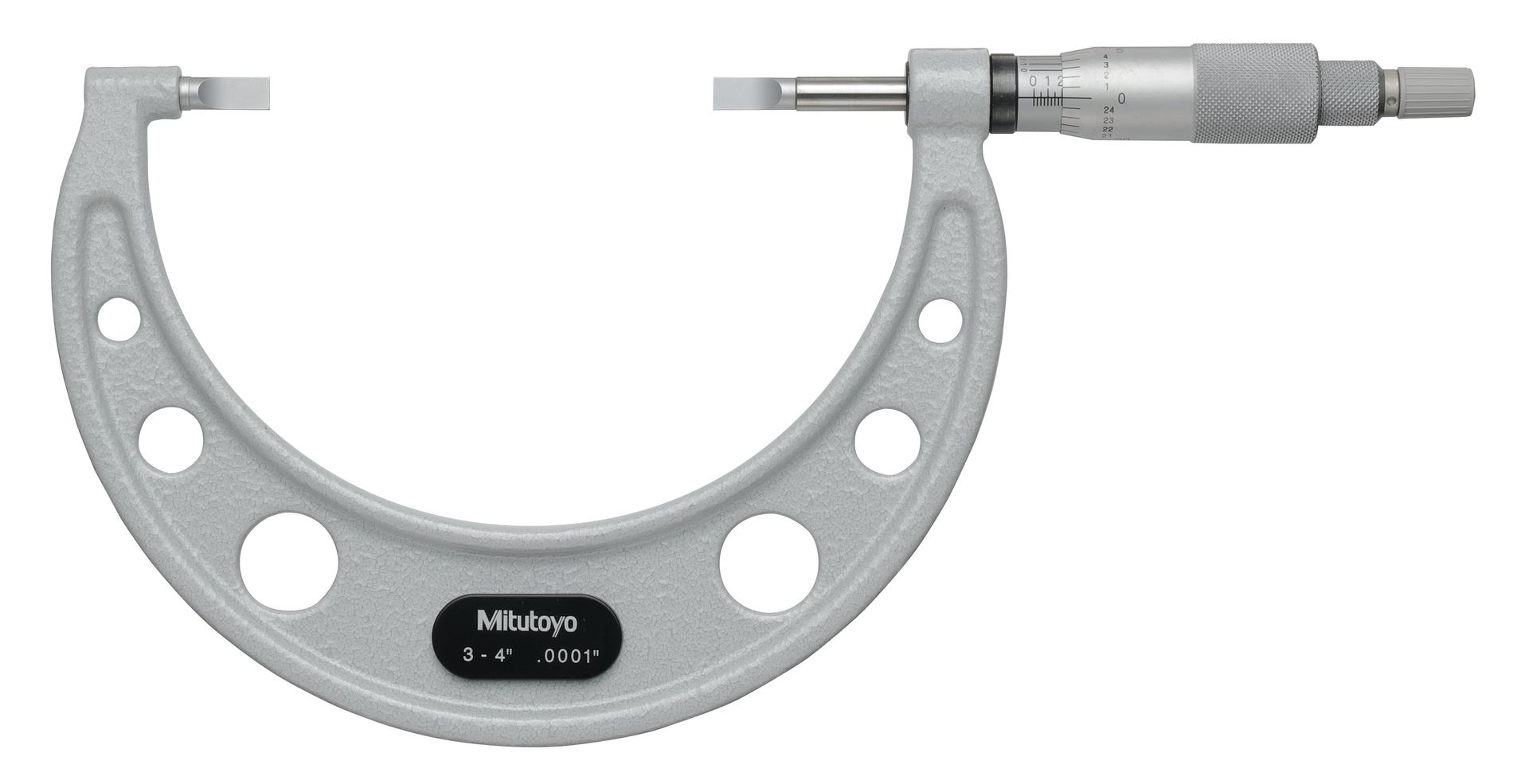 Mitutoyo, 122-128-10, 3-4 In, .0001 In Mechanical Blade Micrometer, .030 In Steel Blades, Ratchet Stop, With Standard