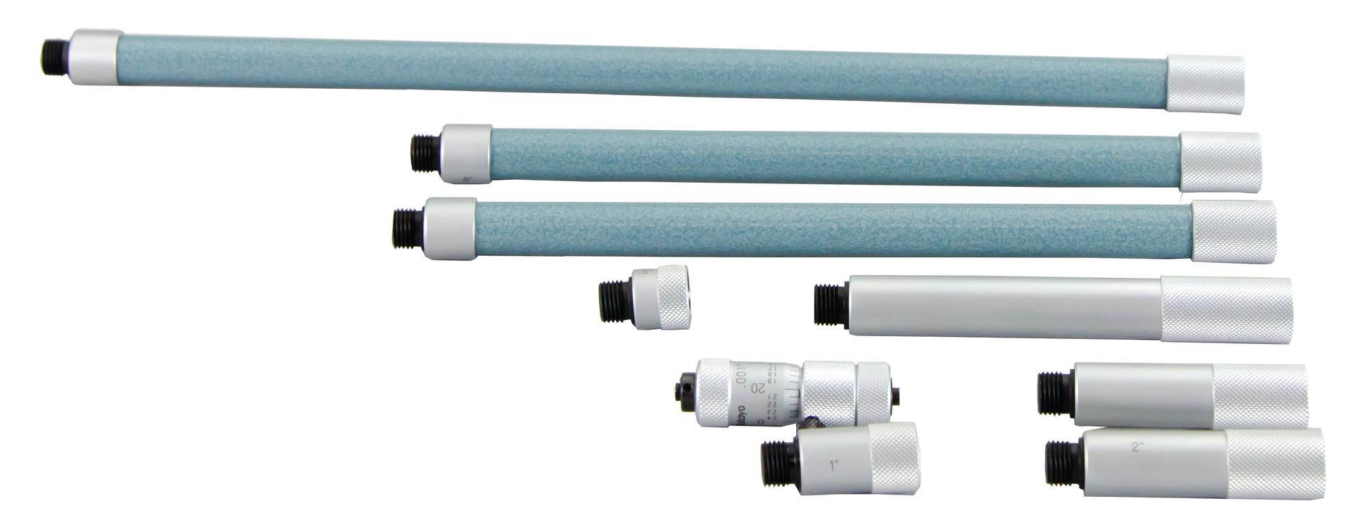 Mitutoyo, 137-214, Extension rods .5in, 1in, 2in (2pcs), 4in, 8in (2pcs.), 12 inches for Tubular inside micrometer, 2-40 inches Range, .5 inches travel of micrometer head