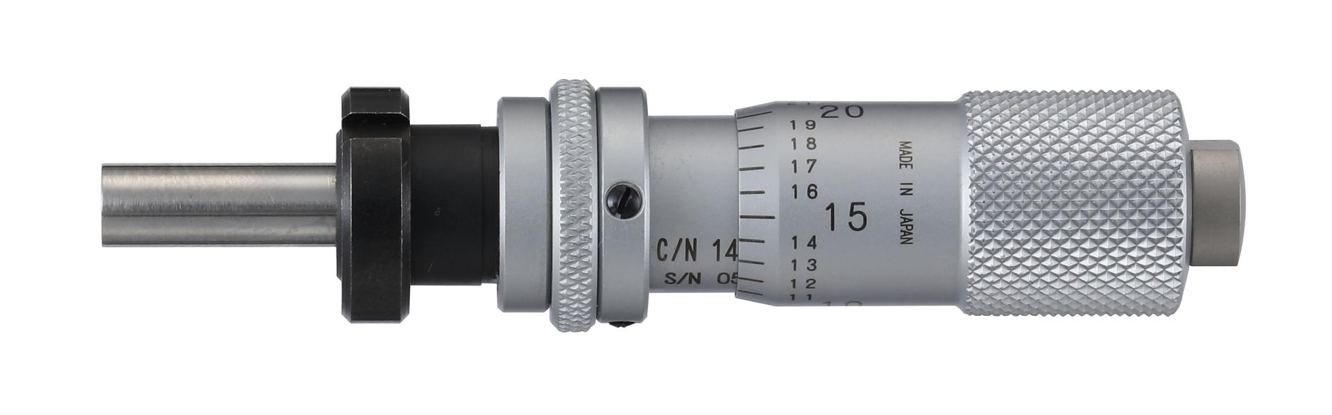 Mitutoyo, 148-122-10, Micrometer Head, common type, small size. 0-.5 inch range, .0001 inch accuracy, .375 inch stem diameter,. With clamp nut stem, flat. With spindle lock