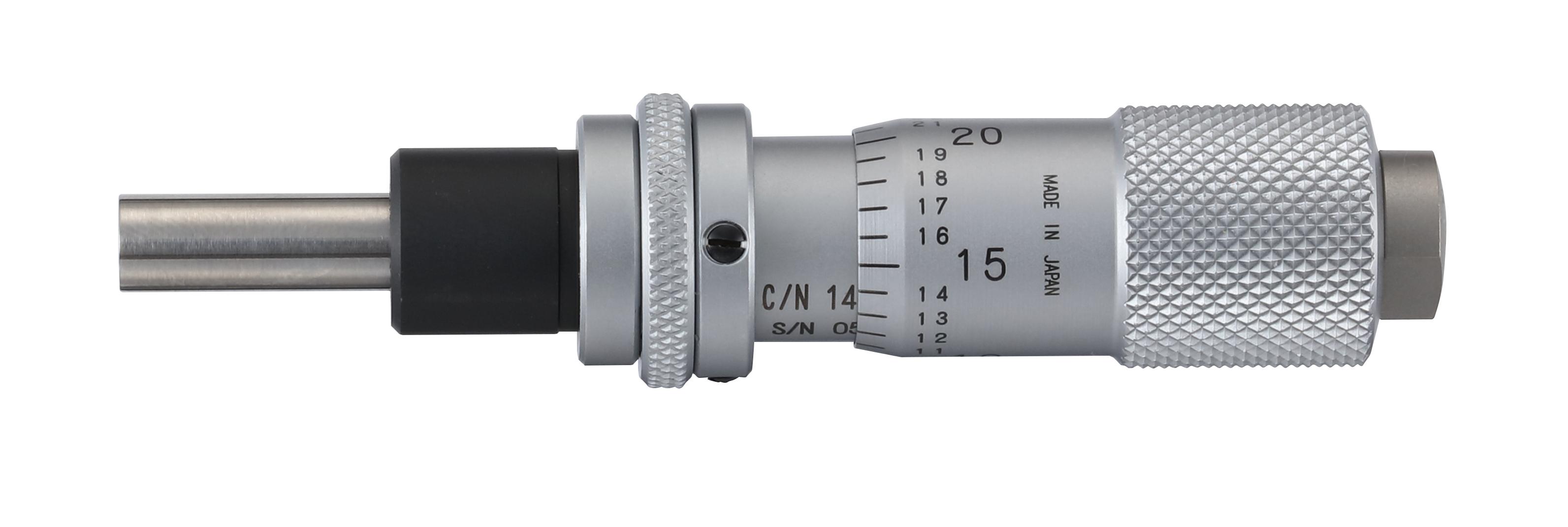 Mitutoyo, 148-123-10, Micrometer Head, common type, small size. 0-.5 inch range, .0001 inch accuracy, .375 inch stem diameter,. With clamp nut stem, flat. With spindle lock