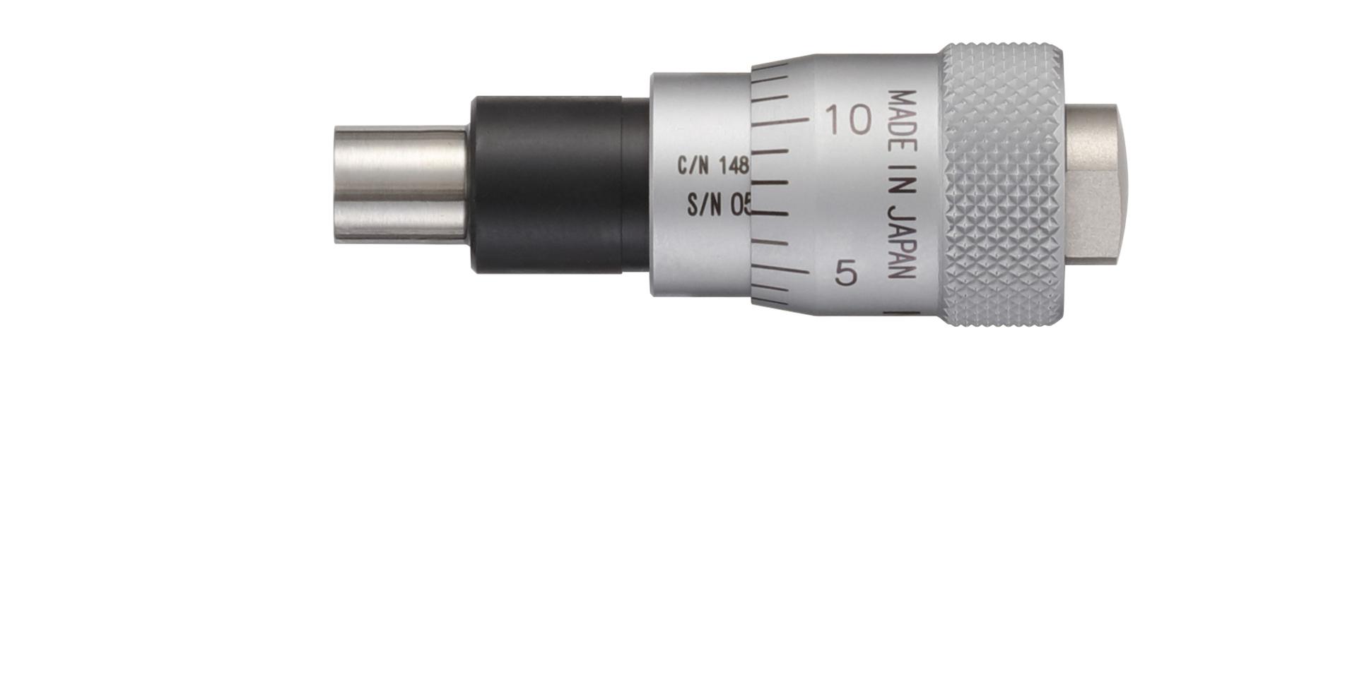 Mitutoyo, 148-351-10, Micrometer Head, large thimble diameter for easy reading, 0-.25 inch range, .0001 inch accuracy, .375 inch stem diameter, clamp nut stem, flat spindle face, .59 inch thimble diameter