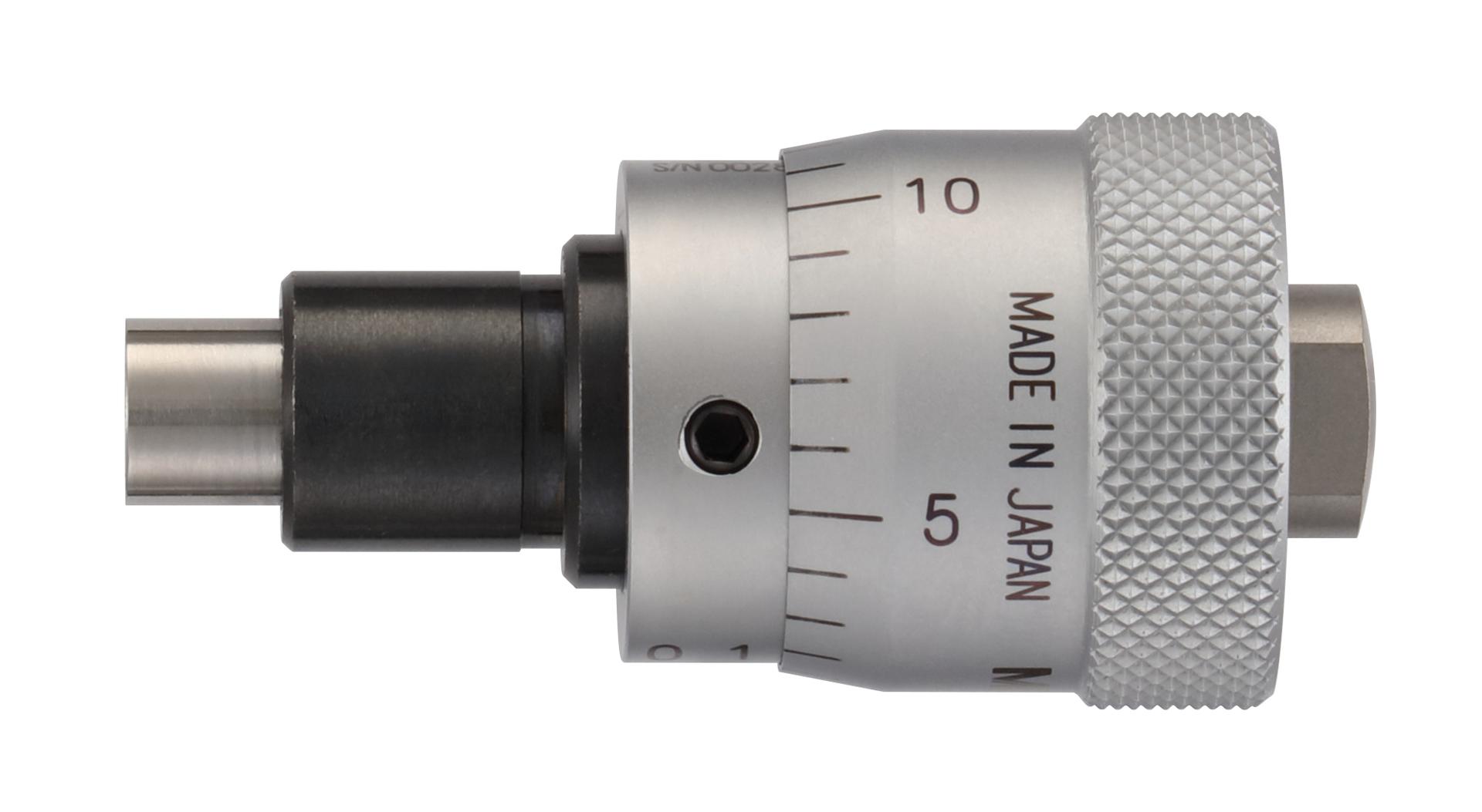 Mitutoyo, 148-353-10, Micrometer Head, large thimble diameter for easy reading, 0-.25 inch range, .0001 inch accuracy, .375 inch stem diameter, plain stem, flat spindle face, .79 inch thimble diameter