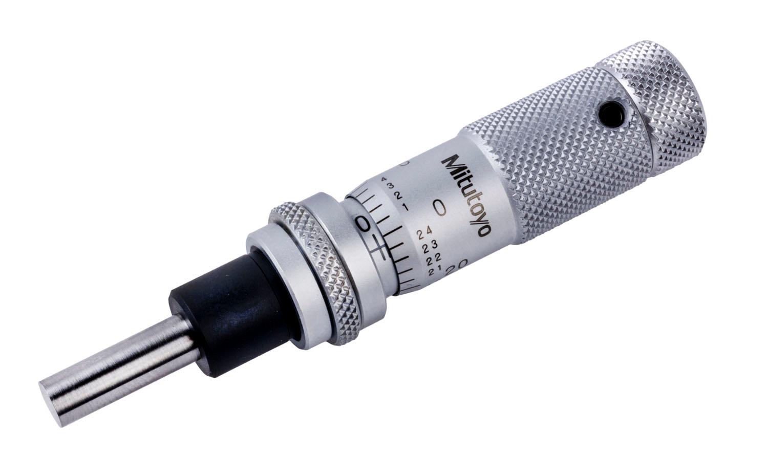 Mitutoyo, 148-505, 0-.5 In, .001 In, Mechanical Micrometer Head, .375 In Diameter Plain Stem, Flat Spindle Face, Spindle Lock, Zero-Adjust Thimble