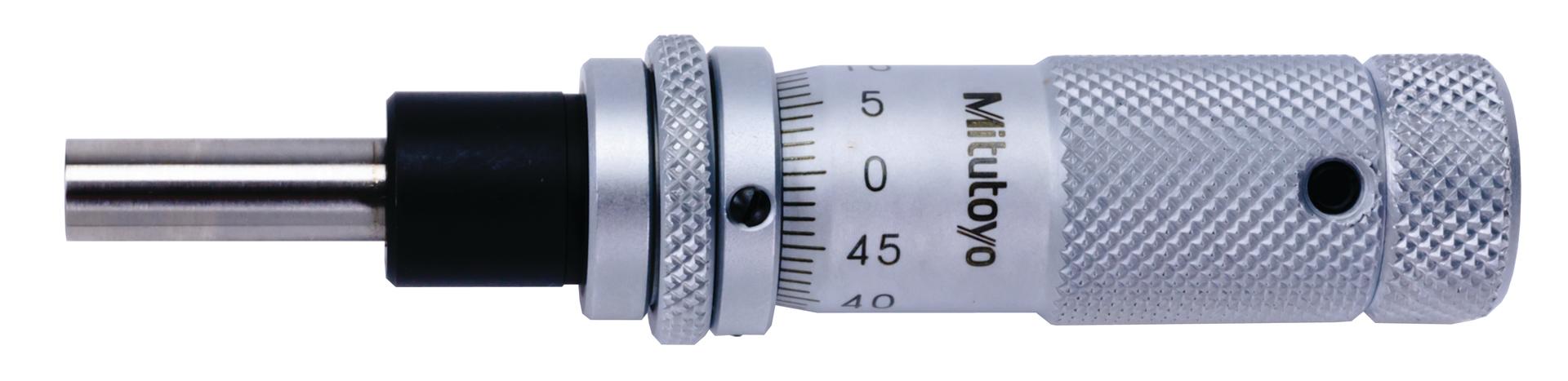 Mitutoyo, 148-506, Micrometer Head, common type in small size with zero-adjustable thimble, 0-13mm range, 2um accuracy, 9.5mm stem diameter, plain spindle lock stem, flat spindle face