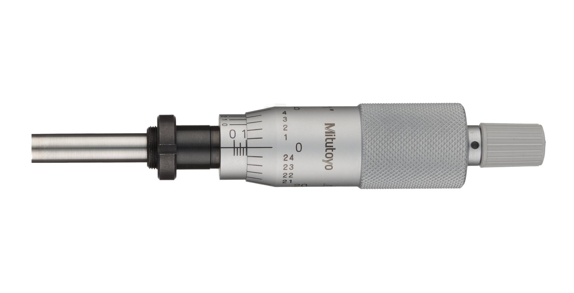 Mitutoyo, 150-205, Micrometer Head, common type middle size. 0-1 inch range, .0001 inch accuracy, .375 stem diameter, clamp nut stem, flat (carbide tip) spindle face, ratchet stop 