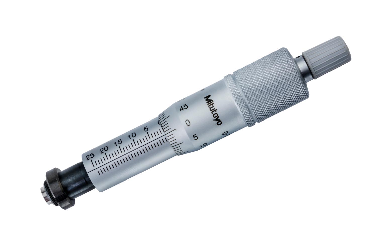 Mitutoyo, 150-822, Micrometer Head, common type in middle size, 0-25mm range, 2um accuracy, 10mm stem diameter, clamp nut stem, flat carbide tip spindle face, reverse reading 
