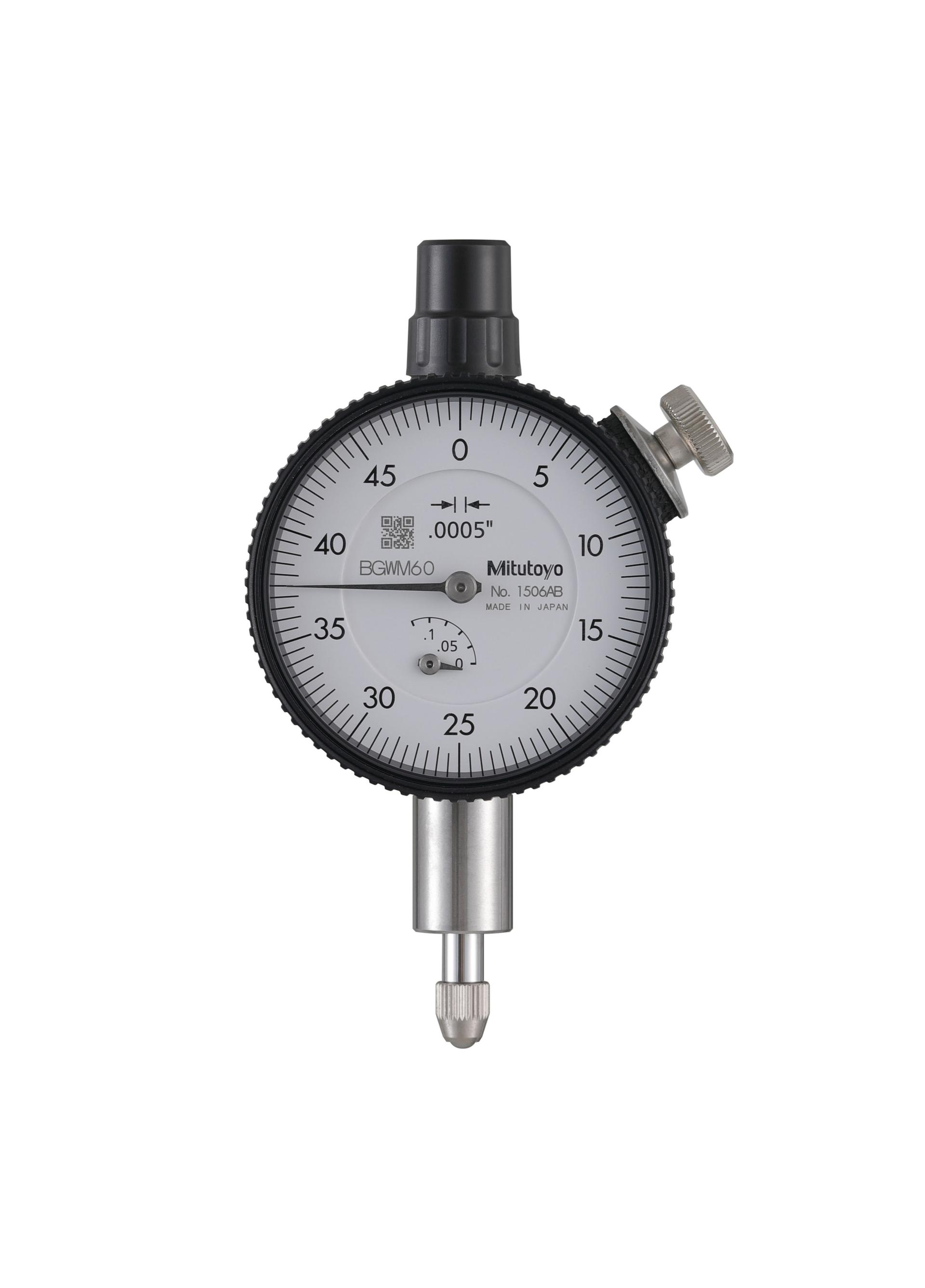 Mitutoyo, 1506AB, .0005 In, .125 In/(.05 In per rev) Dial Indicator, 0-50, Flat Back,  3/8 In stem, Series 1