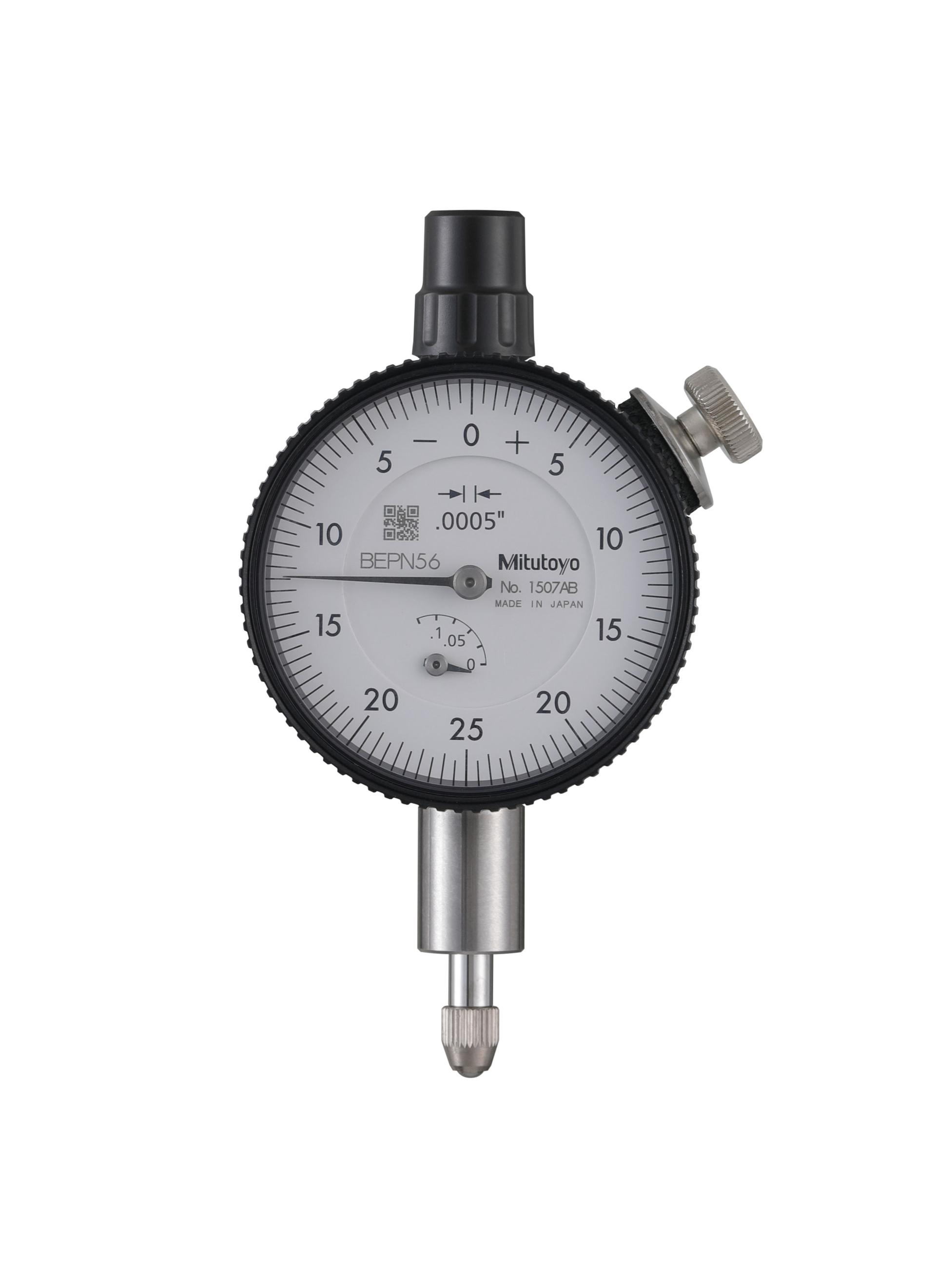 Mitutoyo, 1507AB, .0005 In, .125 In/(.05 In per rev) Dial Indicator, 0-25-0, Flat Back, 3/8 In stem, Series 1