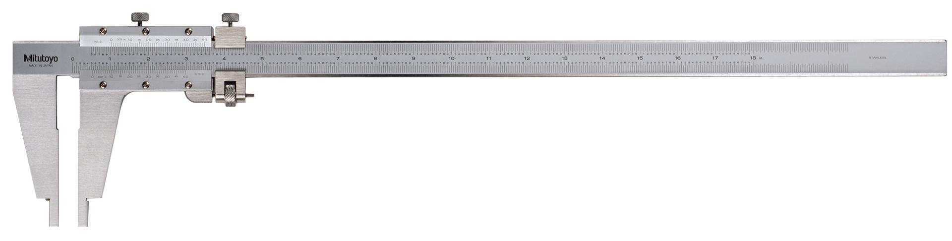 Mitutoyo, 160-116, Vernier Caliper, with Nib style jaws and fine adjustment, .5-18 inches, +/-.0015 accuracy, .001 inch lower scale and upper scale graduations, 1200 grams mass
