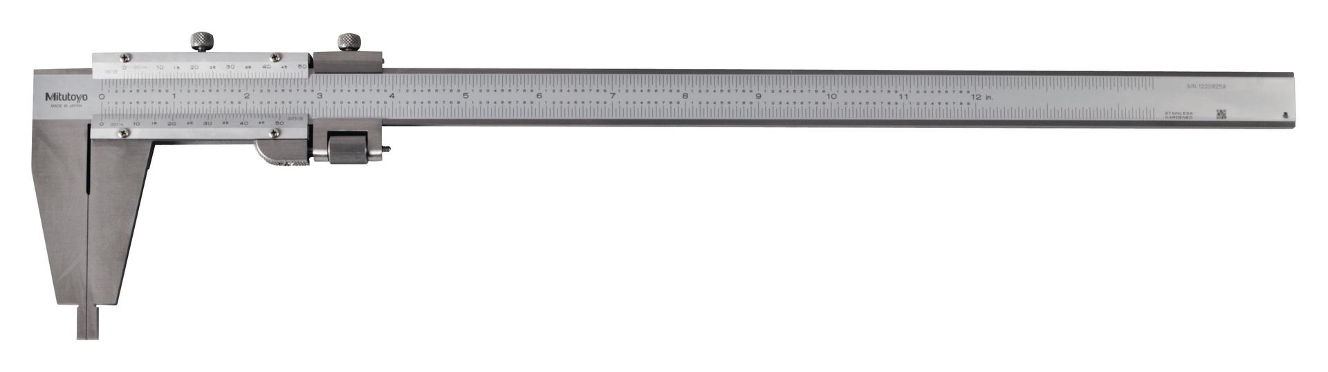Mitutoyo, 160-124, Vernier Caliper, with Nib style jaws and fine adjustment, .3-12 inches, +/-.0015 accuracy, .001 inch lower scale and upper scale graduations, 450 grams mass