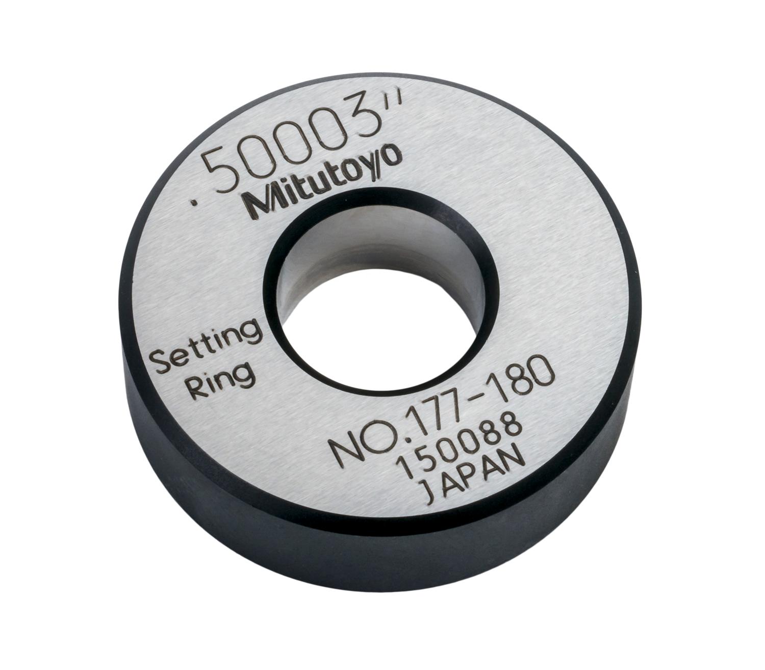 Mitutoyo, 177-180, Setting ring, for inside micrometers, holtest/dial bore gages, .5in nominal diameter, 32mm diameter, 10mm T, Type A, 1.8mm distance from side face H, 6.4mm size of warranted cal surface K