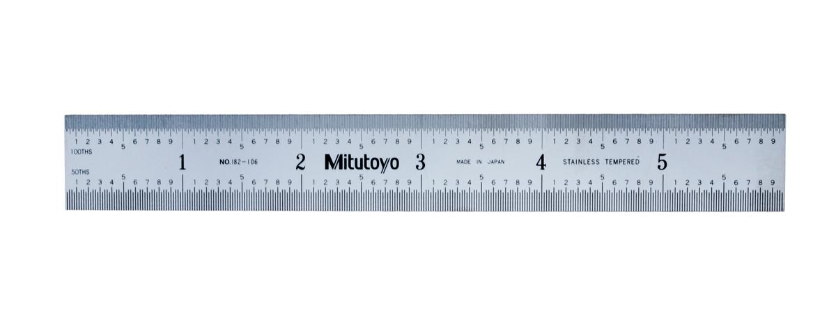 Mitutoyo, 182-106, 6 In, 150mm Steel Rule, 3/4 In  Wide, Rigid, Satin Chrome Finish Tempered Stainless Steel, (1/50, 1/100, 1mm, 0.5mm)