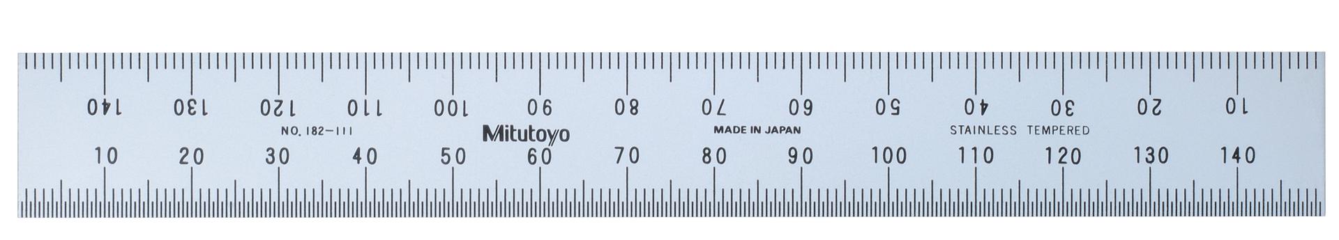 Mitutoyo, 182-111, Steel Rule, 150mm, Rigid 19mm, Wide, Satin Chrome Finish Tempered Stainless Steel, (1mm, 0.5mm, 1mm, 0.5mm 