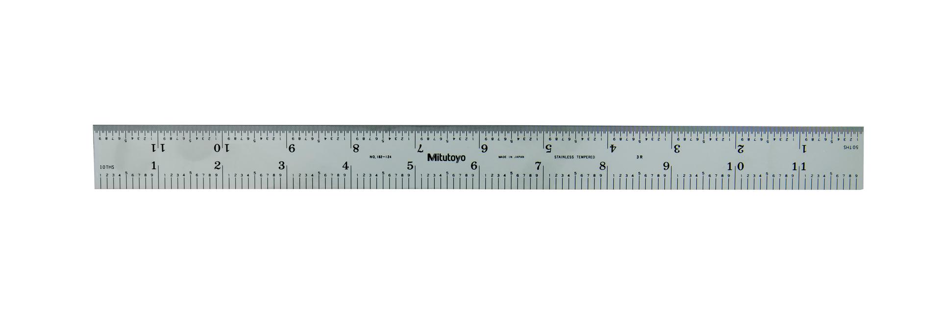 Mitutoyo, 182-124, 12 In, 3R Steel Rule, 1 In  Wide, Rigid, Satin Chrome Finish Tempered Stainless Steel, (1/32, 1/64, 1/10, 1/50)