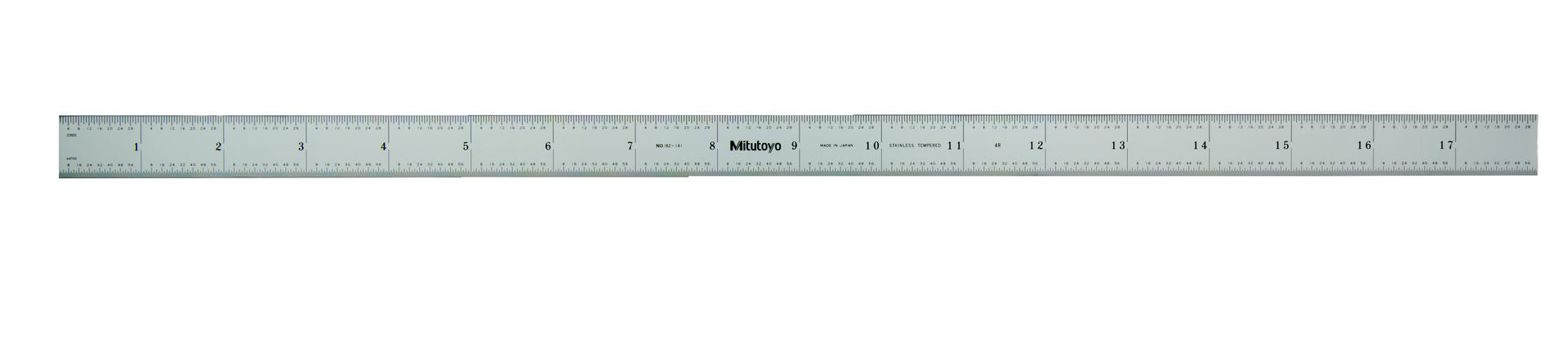 Mitutoyo, 182-141, 18 In, 4R Steel Rule, 1  3/16 In  Wide, Rigid, Satin Chrome Finish Tempered Stainless Steel, (1/8, 1/16, 1/32, 1/64)