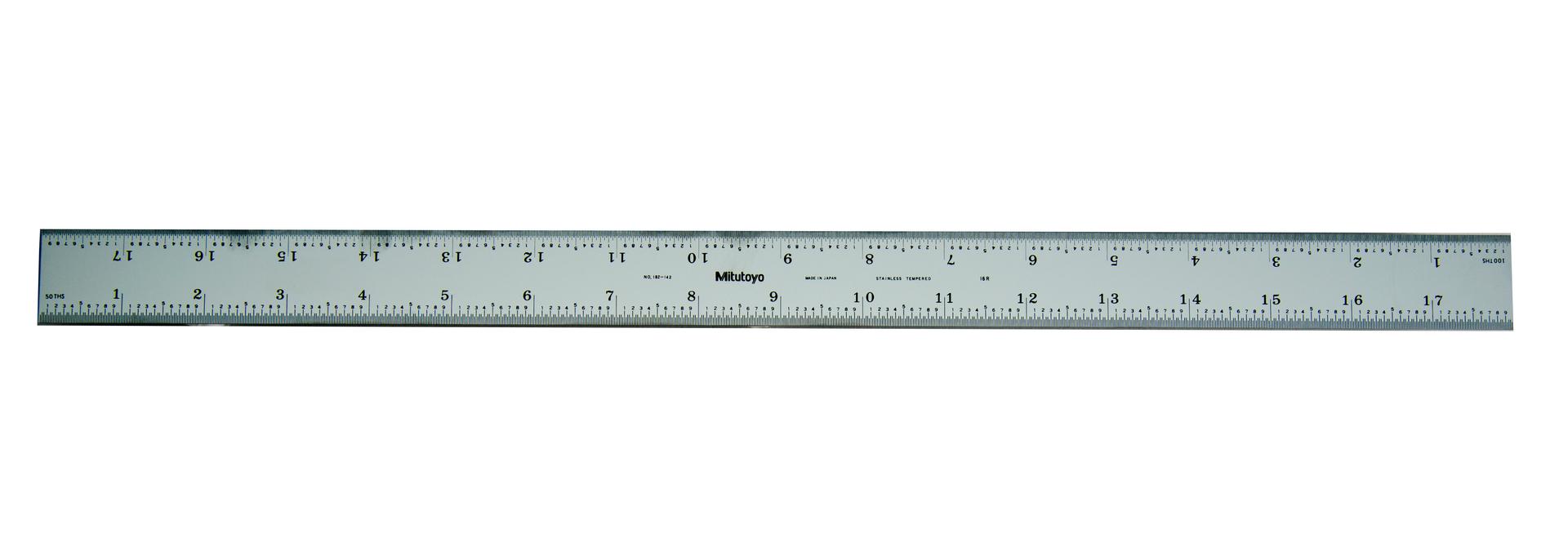 Mitutoyo, 182-142, 18 In, 16R Steel Rule, 1  3/16 In  Wide, Rigid, Satin Chrome Finish Tempered Stainless Steel, (1/32, 1/64, 1/50, 1/100)