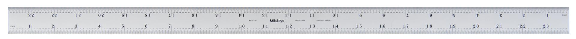 Mitutoyo, 182-165, 24 In, 600mm Steel Rule, 13/16 In  Wide, Rigid, Satin Chrome Finish Tempered Stainless Steel, (1/32, 1/64, 1mm, 0.5mm)