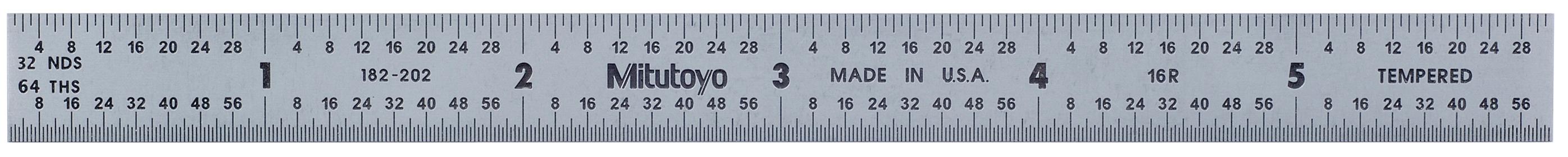 Mitutoyo, 182-202, 6 In, 16R Steel Rule, 1/2 In  Wide, Flexible, Satin Chrome Finish Tempered Stainless Steel, (1/32, 1/64, 1/50, 1/100)
