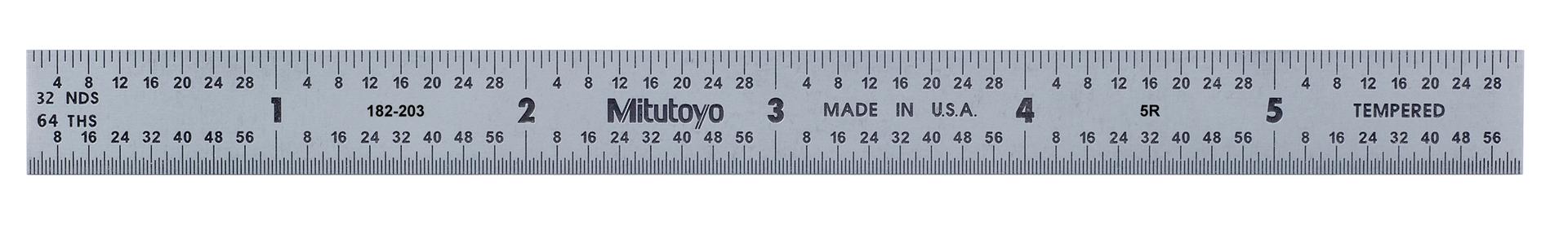 Mitutoyo, 182-203, 6 In, 5R Steel Rule, 1/2 In  Wide, Flexible, Satin Chrome Finish Tempered Stainless Steel, (1/32, 1/64, 1/10, 1/100)