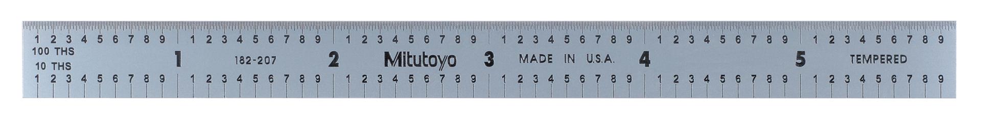 Mitutoyo, 182-207, 6 In, 150mm Steel Rule, 1/2 In  Wide, Flexible, Satin Chrome Finish Tempered Stainless Steel, (1/10, 1/100, 1mm, 0.5mm)