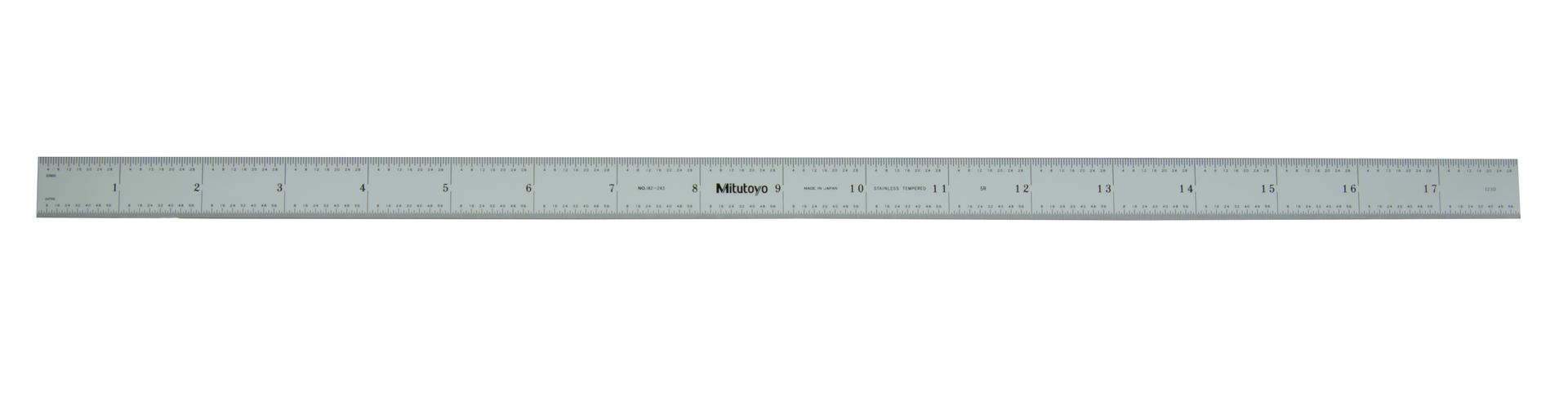 Mitutoyo, 182-243, 18 In, 3R Steel Rule, 3/4 In  Wide, Flexible, Satin Chrome Finish Tempered Stainless Steel, (1/32, 1/64, 1/10, 1/50)