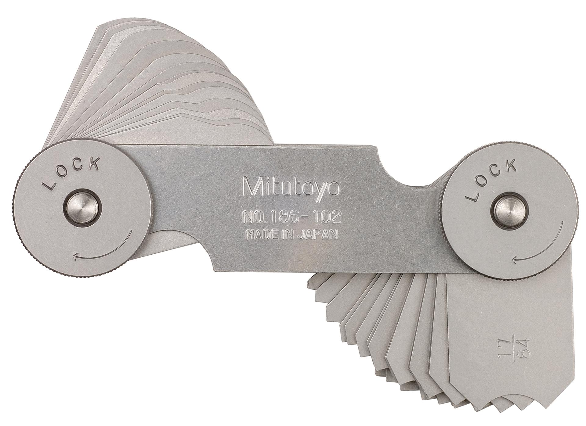 Mitutoyo, 186-102, 17/64-1/2 In, Concave/Convex Radius Gage Set, 16 Pairs of Leaves (17/64 In to 1/2 In by 64ths), Locking Clamp