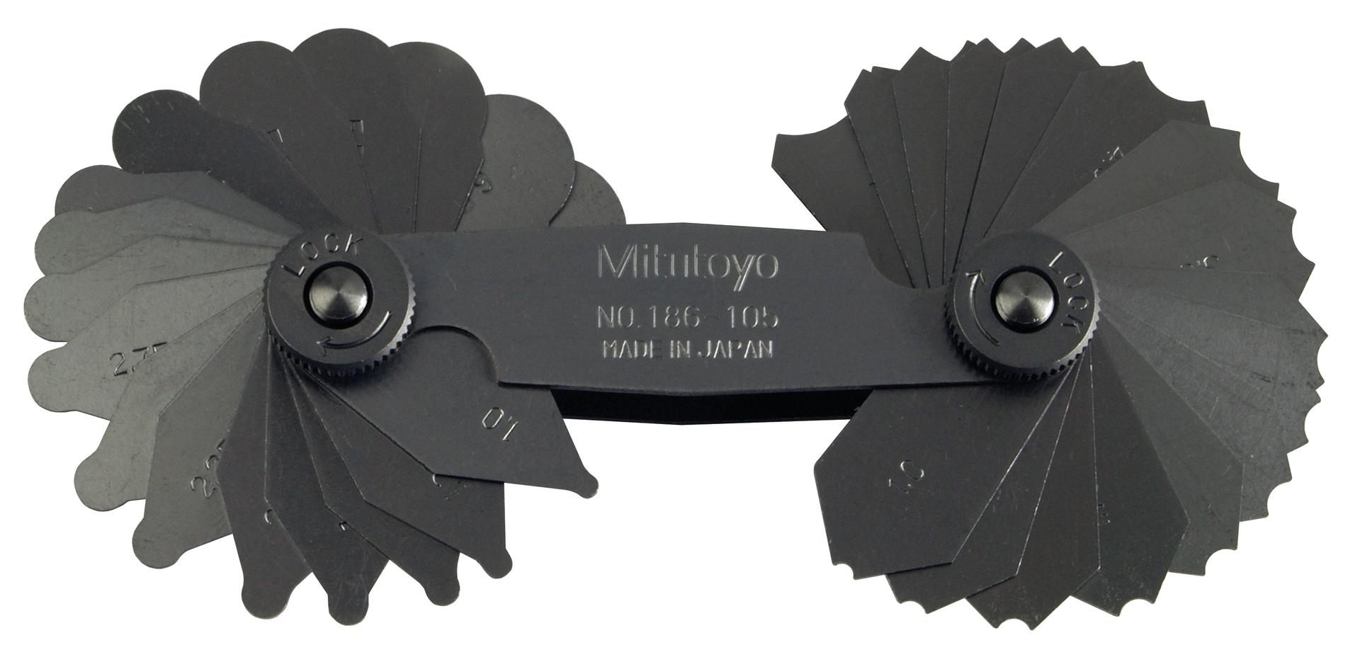Mitutoyo, 186-105, 1-7mm, Concave/Convex Radius Gage Set, 34 Pairs of Leaves (1mm to 3mm by 0.25mm, 3.5mm to 7mm by 0.5mm), Locking Clamp