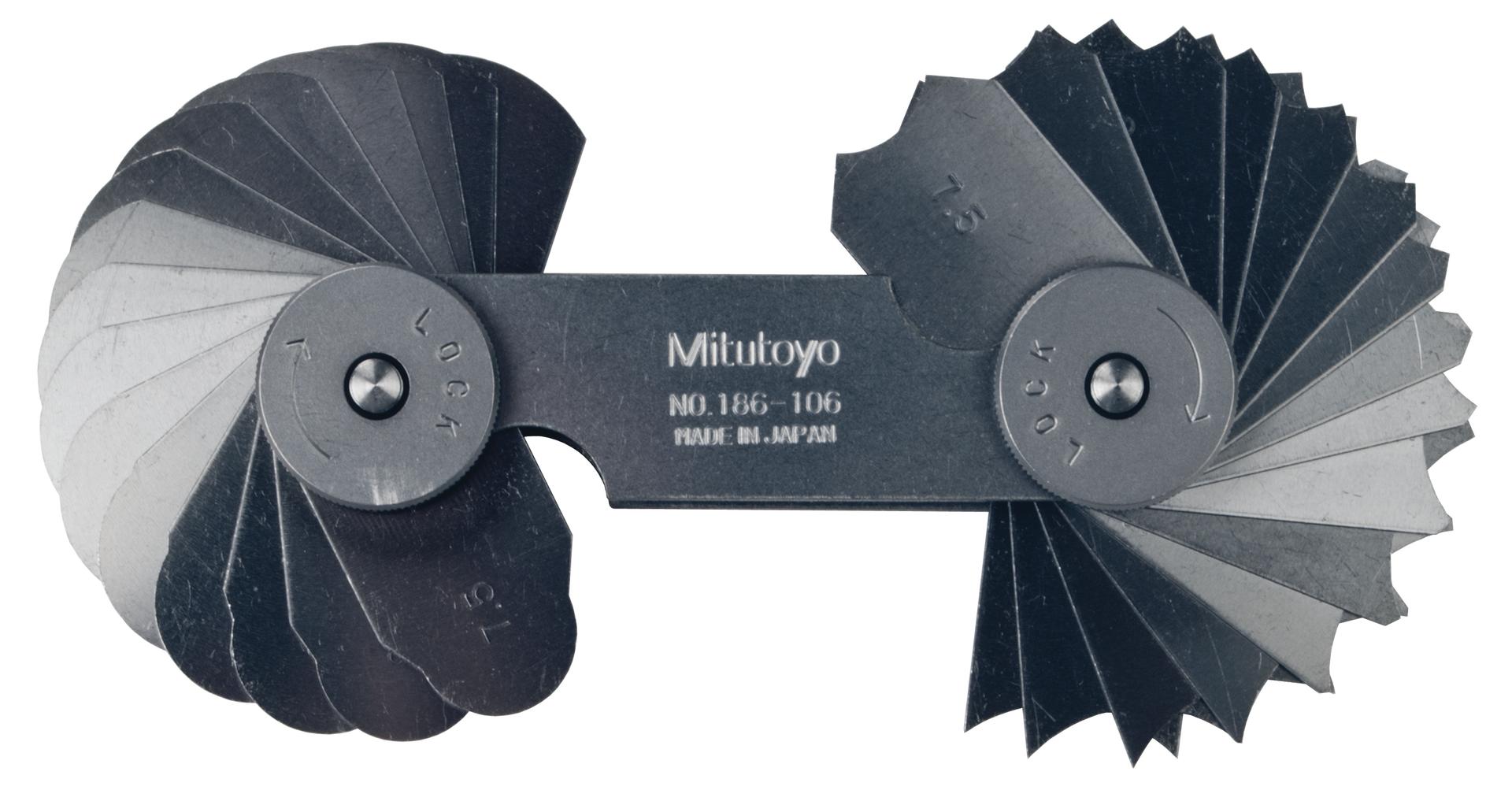 Mitutoyo, 186-106, 7.5-15mm, Concave/Convex Radius Gage Set, 32 Pairs of Leaves ( 7.5 to 15mm by 0.5mm), Locking Clamp