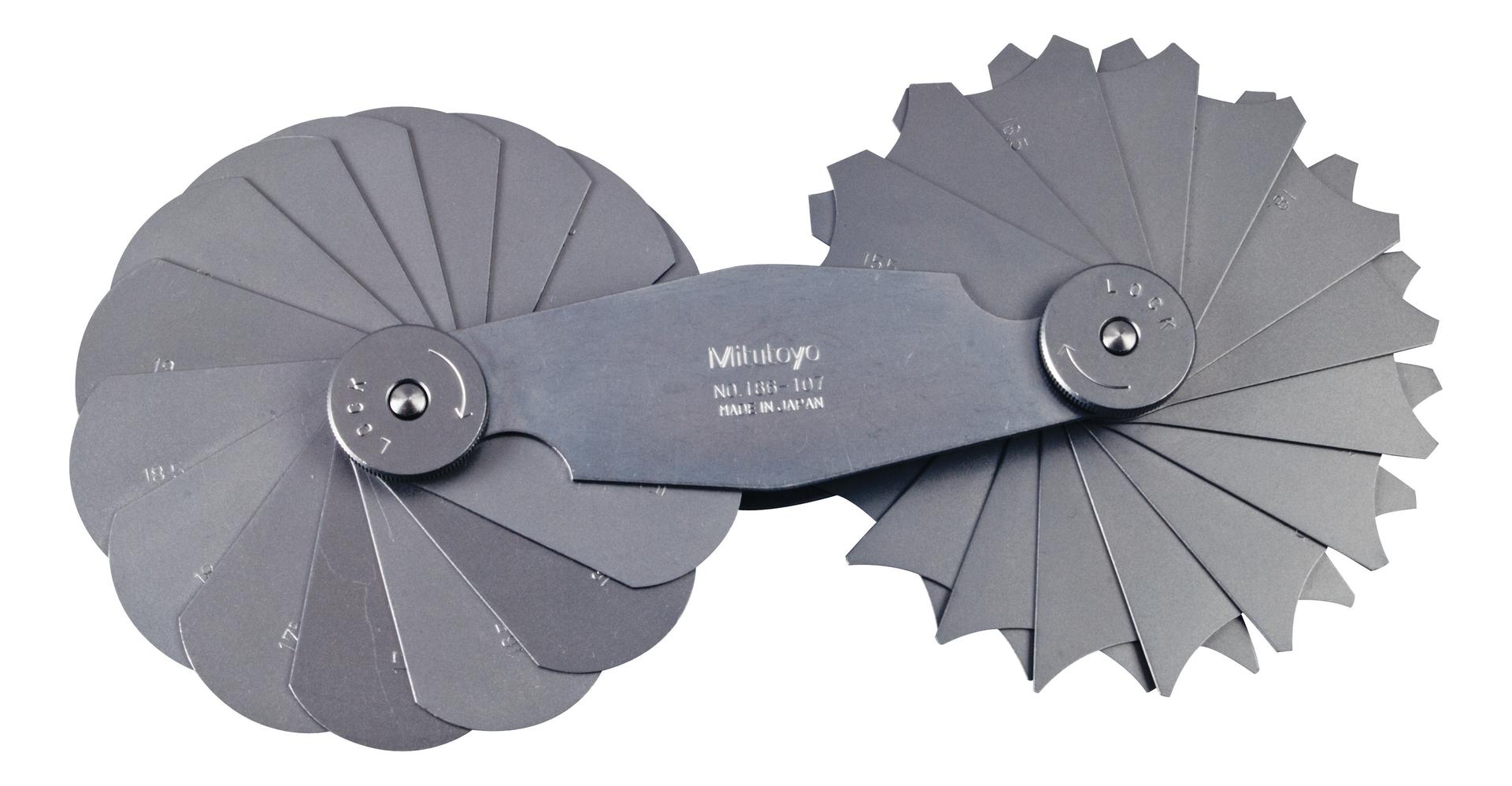 Mitutoyo, 186-107, 15.5-25mm, Concave/Convex Radius Gage Set, 15 Pairs of Leaves (15.5 to 20mm by 0.5mm, 21 to 25mm by 1mm), Locking Clamp