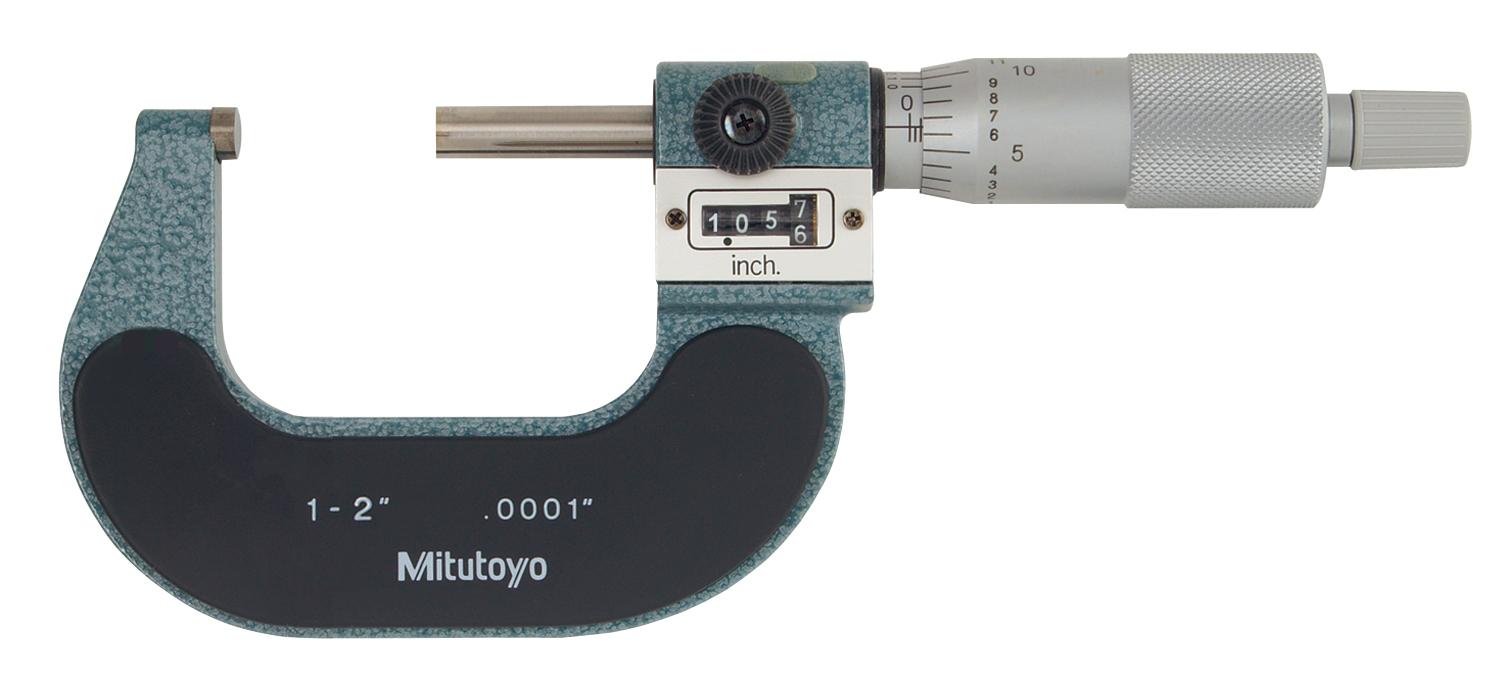 Mitutoyo, 193-212, 1-2 In, .0001 In Digit Counter Outside Micrometer, Carbide Tip, Friction Thimble, With Standard