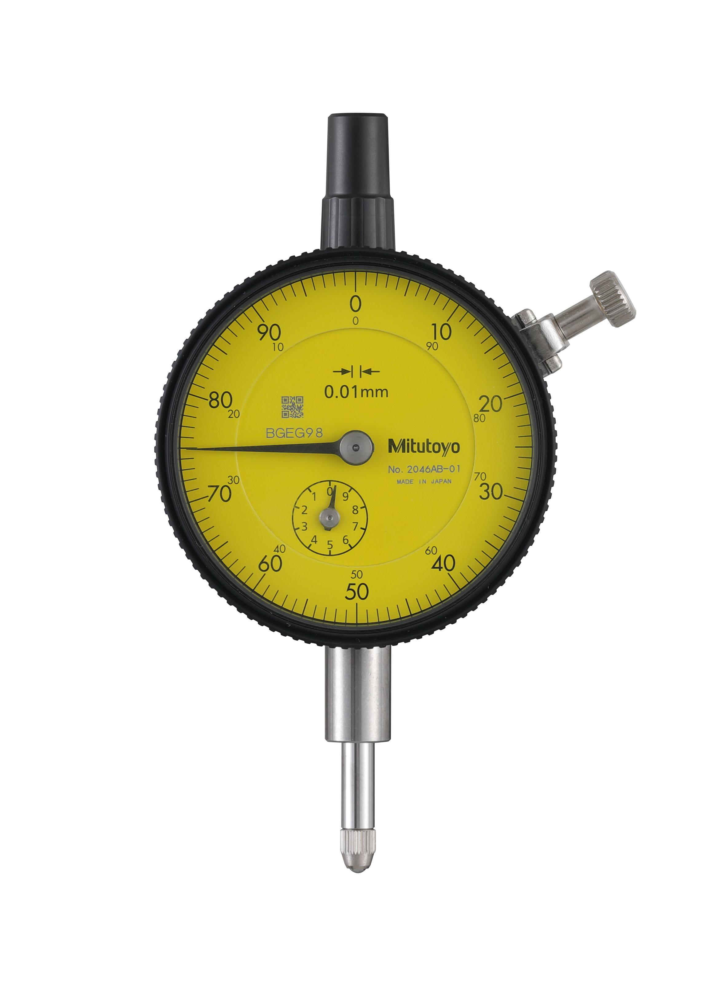 Mitutoyo, 2046AB-01, 0.01mm, 10mm/(1mm per rev) Dial Indicator, 0-100, Flat Back, 3/8 In Stem, Series 2