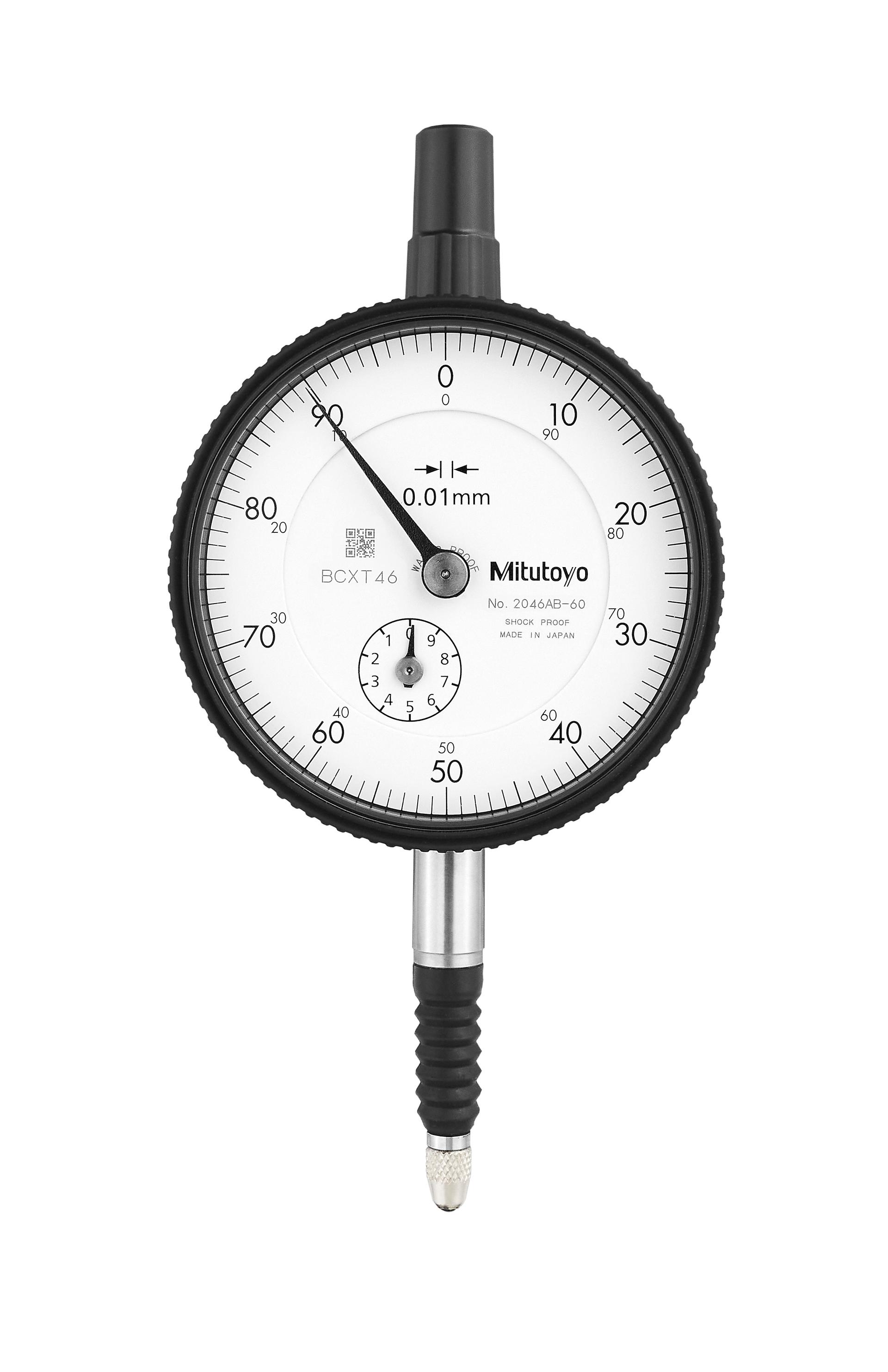 Mitutoyo, 2046AB-60, 0.01mm, 10mm/(1mm per rev) Dial Indicator, 0-100,Flat Back, 8mm Stem, Series 2, Waterproof