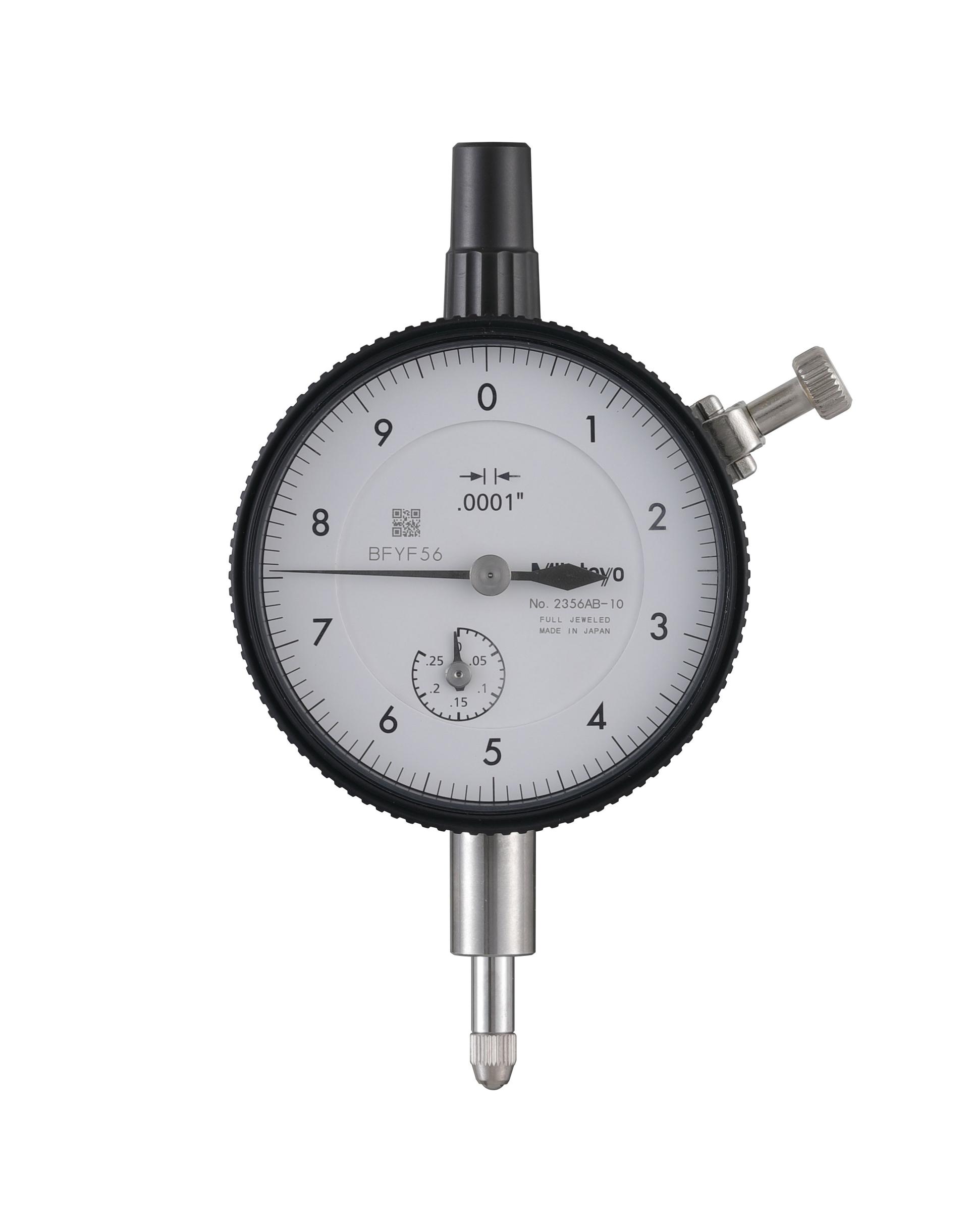 Mitutoyo, 2356AB-10, .0001 In, .25 In/(.01 In per rev), Dial Indicator, 0-10, Flat Back, 3/8 In stem, Series 2, Jeweled