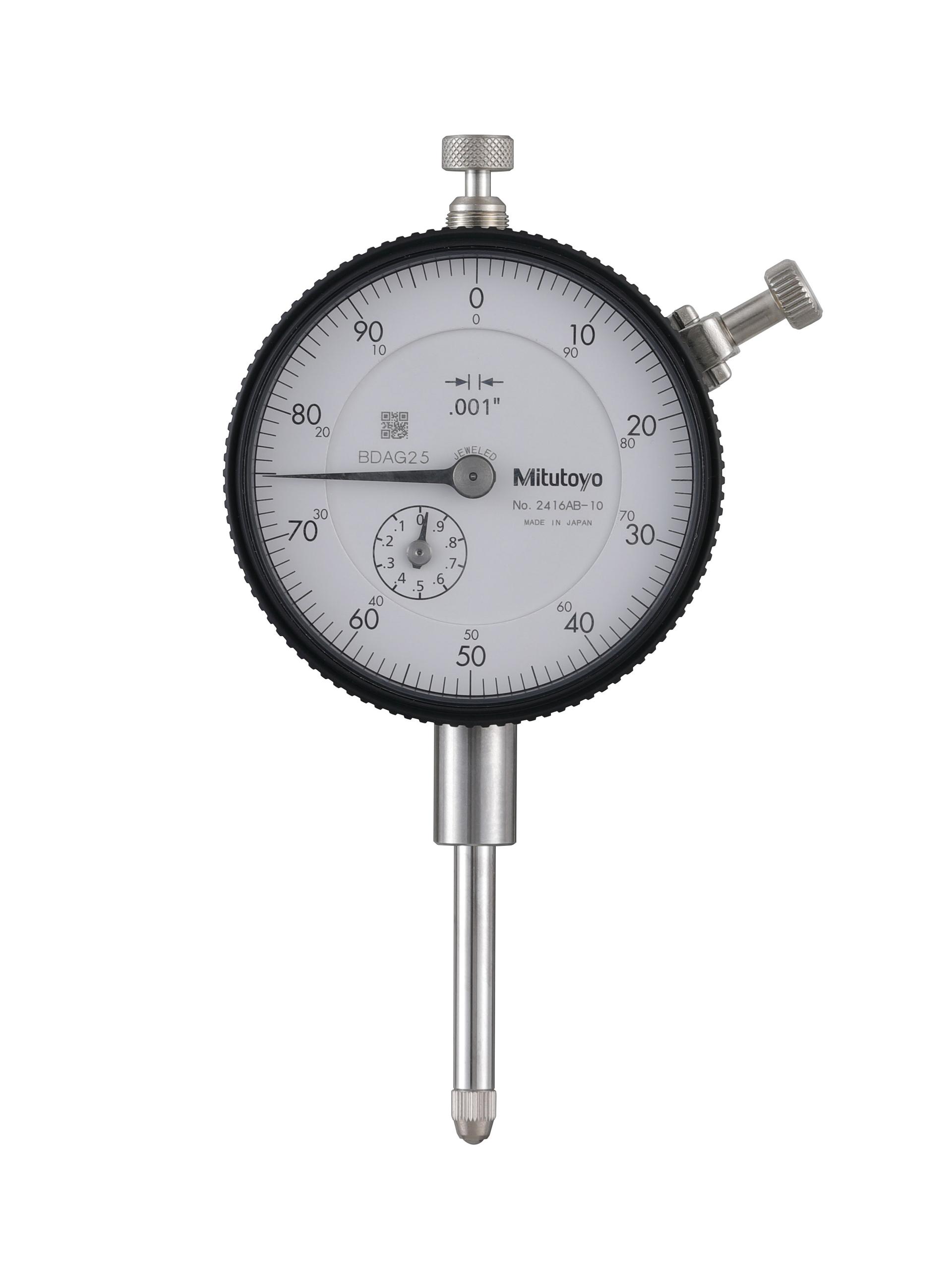 Mitutoyo, 2416AB-10, .001 In, 1 In/(.1 In per rev), Dial Indicator, 0-100, Flat Back, 3/8 In stem, Series 2, Jeweled